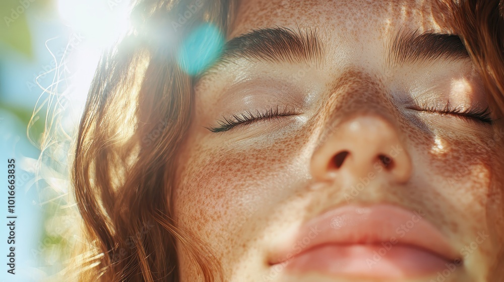 A peaceful moment captured as a woman with freckles enjoys the gentle sunlight on her face, with her eyes serenely closed, radiating tranquility and contentment. A peaceful moment captured as a woman with freckles enjoys the gentle sunlight on her face, with her eyes serenely closed, radiating tranquility and contentment.