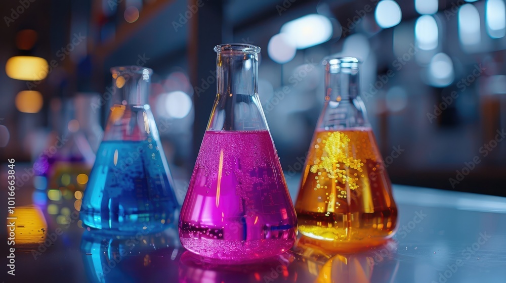 Four beakers filled with colorful liquids, arranged on a lab table, against a blurred background of a laboratory. Four beakers filled with colorful liquids, arranged on a lab table, against a blurred background of a laboratory.