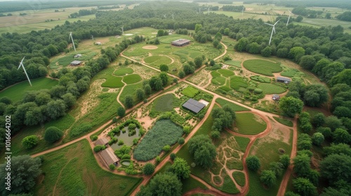 Aerial view of a permaculture farm showcasing diverse zones and sustainable practices in a rural landscape