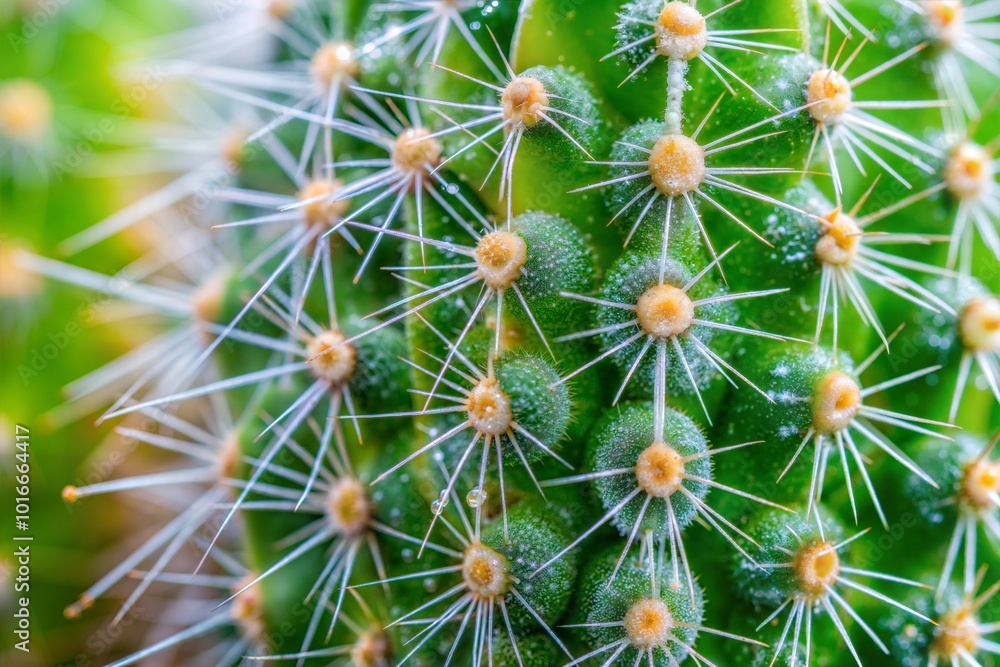 Close-up macro of dew-dropped cactus with sharp spines Close-up macro of dew-dropped cactus with sharp spines