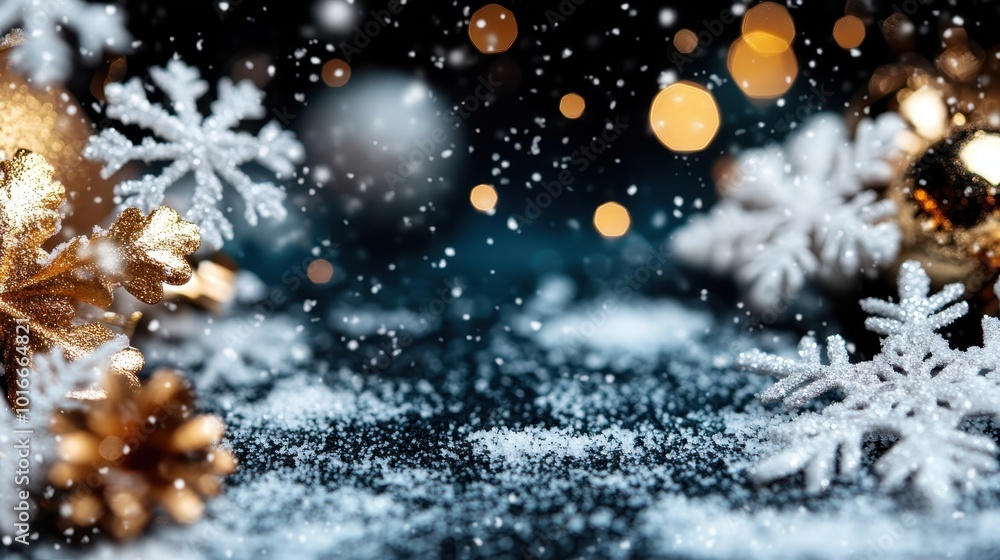 An artistic arrangement featuring intricately designed snowflakes and glittering gold accents, capturing the essence of a festive winter wonderland with elegance and charm. An artistic arrangement featuring intricately designed snowflakes and glittering gold accents, capturing the essence of a festive winter wonderland with elegance and charm.