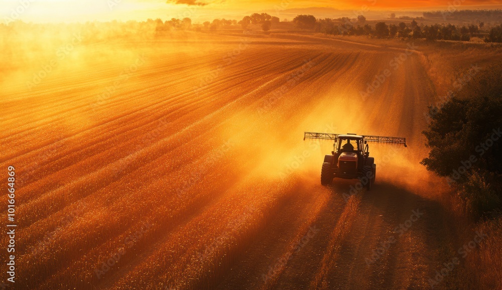 Tractor in Field at Sunset. Tractor in Field at Sunset.