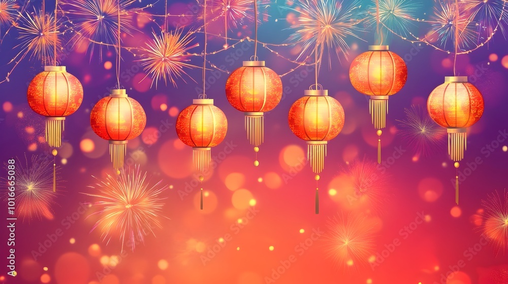 Vibrant Asian New Year with Repeating Lanterns and Fireworks Vibrant Asian New Year with Repeating Lanterns and Fireworks