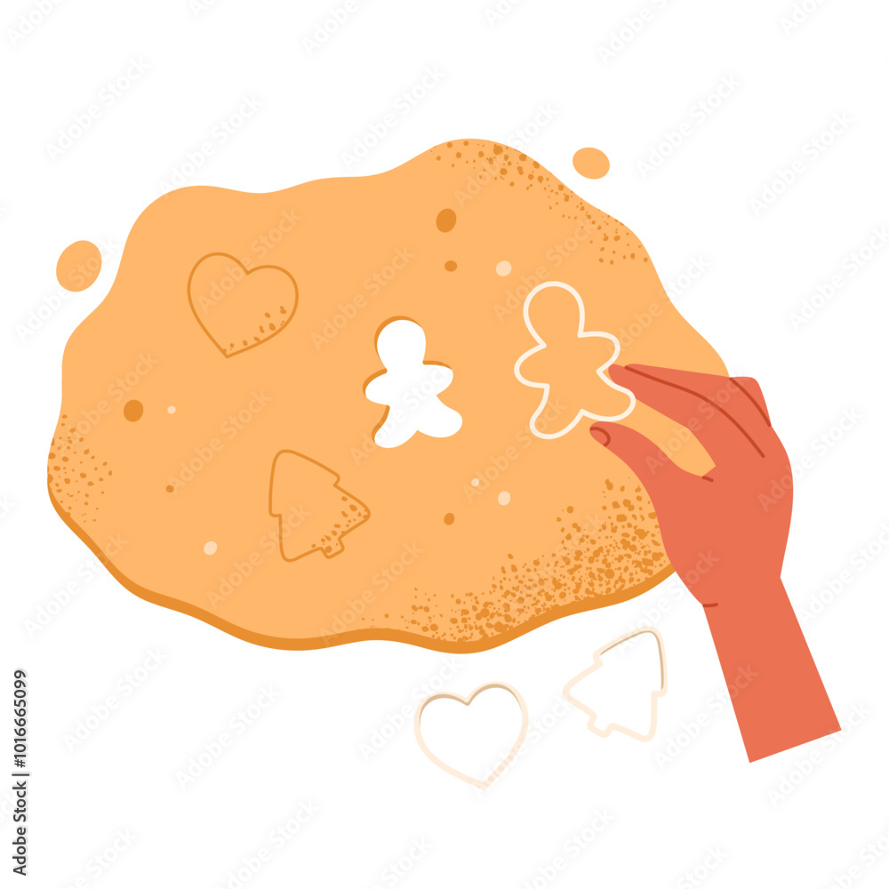Hands making Christmas gingerbread cookies. Top view on process of baking and decorating sweet cookies. Homemade dough concept. Isolated vector illustration in cartoon style
Hands making Christmas gingerbread cookies. Top view on process of baking and decorating sweet cookies. Homemade dough concept. Isolated vector illustration in cartoon style