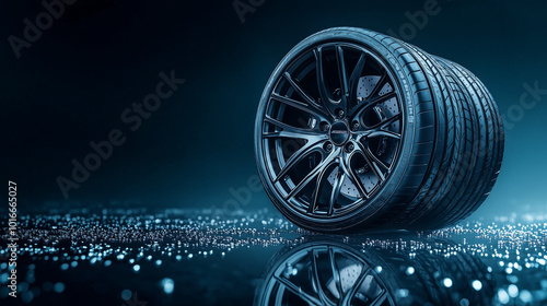 Luxury car sport wheels on a dark backround with copy space. Car tire store.
