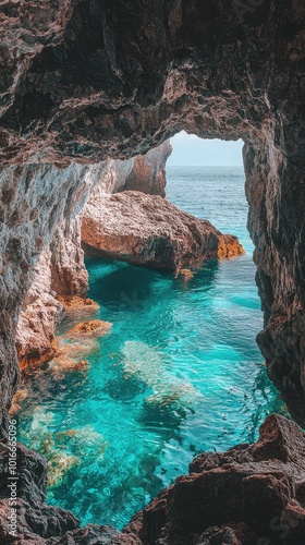 A stunning marine cave with turquoise water and rocky formations, perfect for travel and nature photography. photo