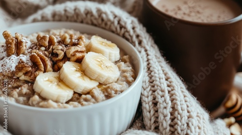 A warm bowl of oatmeal topped with banana slices and walnuts, accompanied by a cozy hot beverage, perfect for a comforting and nutritious morning start.