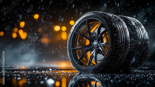 Luxury car sport wheels on a dark backround with copy space. Car tire store. photo