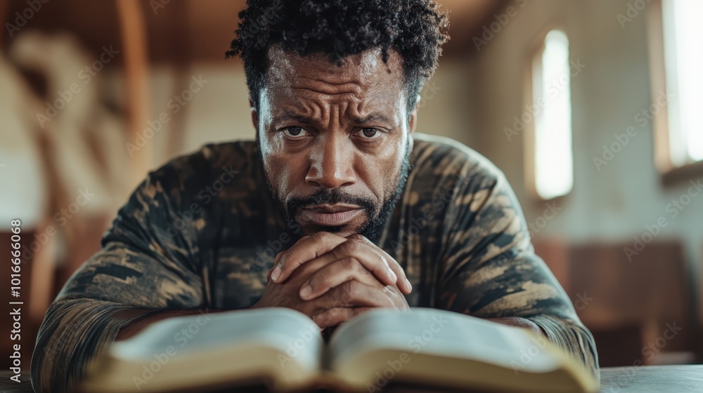 A serious man in a camouflage shirt concentrates intensely on an open book on a wooden table, symbolizing deep thought, dedication, and personal growth. A serious man in a camouflage shirt concentrates intensely on an open book on a wooden table, symbolizing deep thought, dedication, and personal growth.