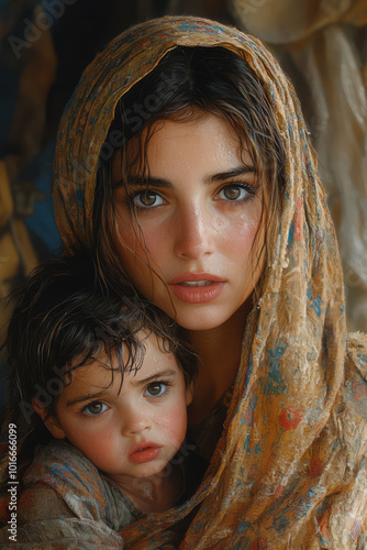 A refugee mother cradling her child as they arrive in a new country,