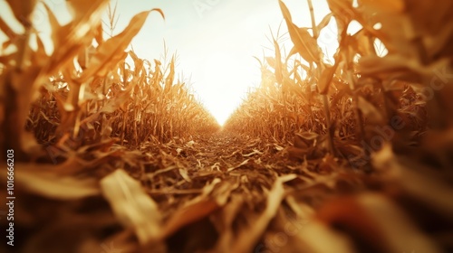 Rows of corn bathed in rich golden sunlight stretch into the distance, with the warm colors creating an inviting and serene atmosphere reminiscent of a classic harvest scene.