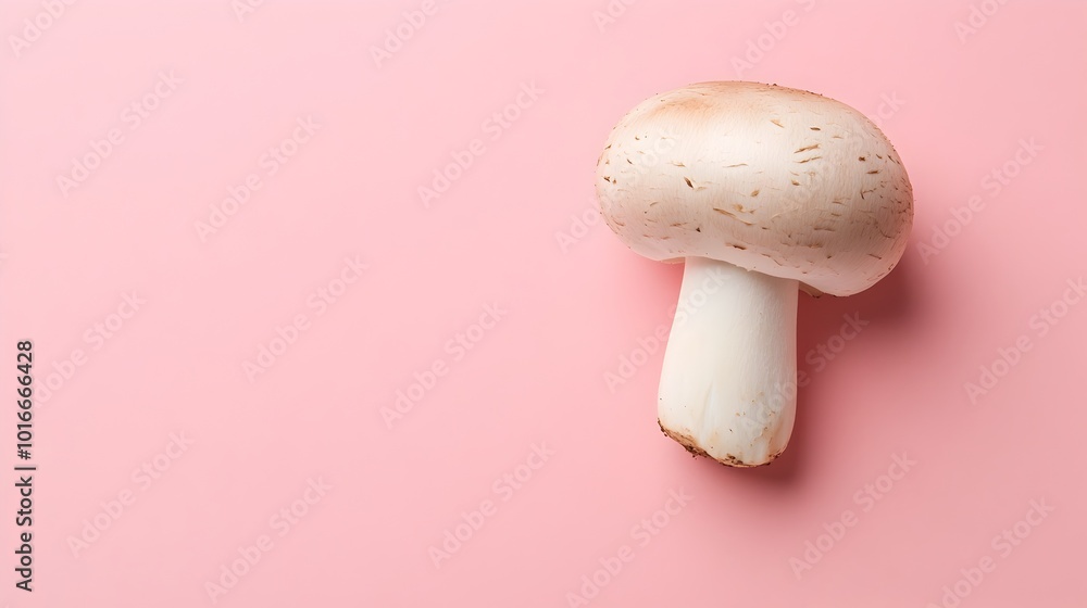 Fototapeta premium Closeup of fresh white mushroom on pastel pink background