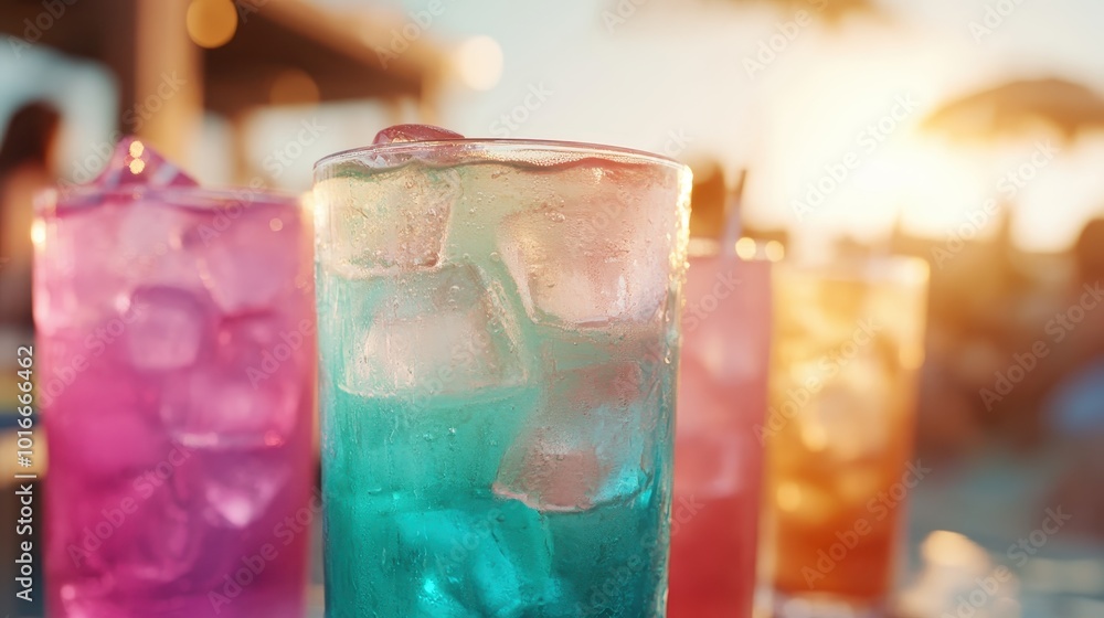 Array of vibrant, icy drinks with varied hues aligned gracefully against the backdrop of a fading sunset, capturing a refreshing moment of evening indulgence. Array of vibrant, icy drinks with varied hues aligned gracefully against the backdrop of a fading sunset, capturing a refreshing moment of evening indulgence.