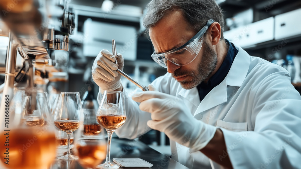 Scientist in a laboratory carefully examining liquid samples in wine glasses using a dropper, wearing safety glasses, gloves, and a lab coat. Scientist in a laboratory carefully examining liquid samples in wine glasses using a dropper, wearing safety glasses, gloves, and a lab coat.