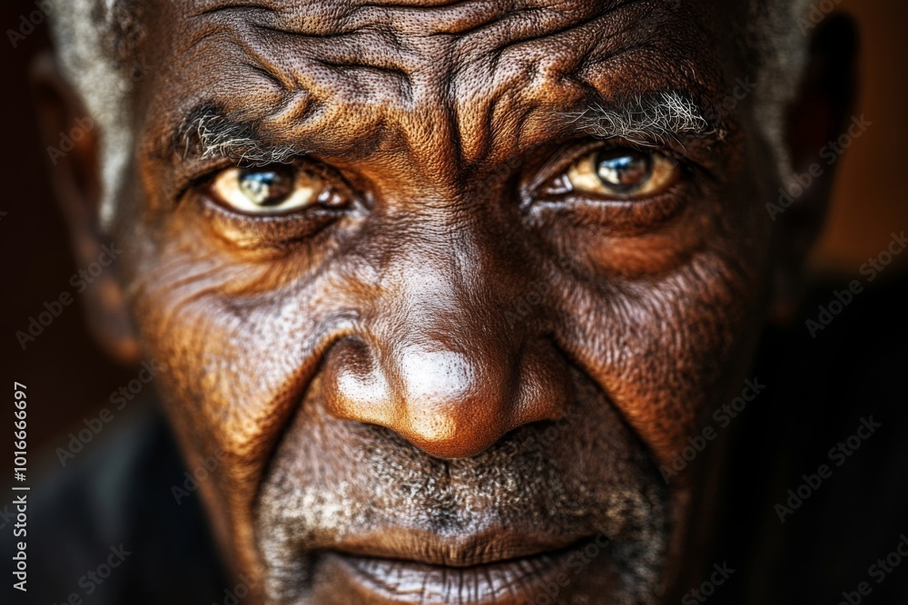 A wise older African man with deep wrinkles, radiating wisdom and strength, soft focus on his face A wise older African man with deep wrinkles, radiating wisdom and strength, soft focus on his face
