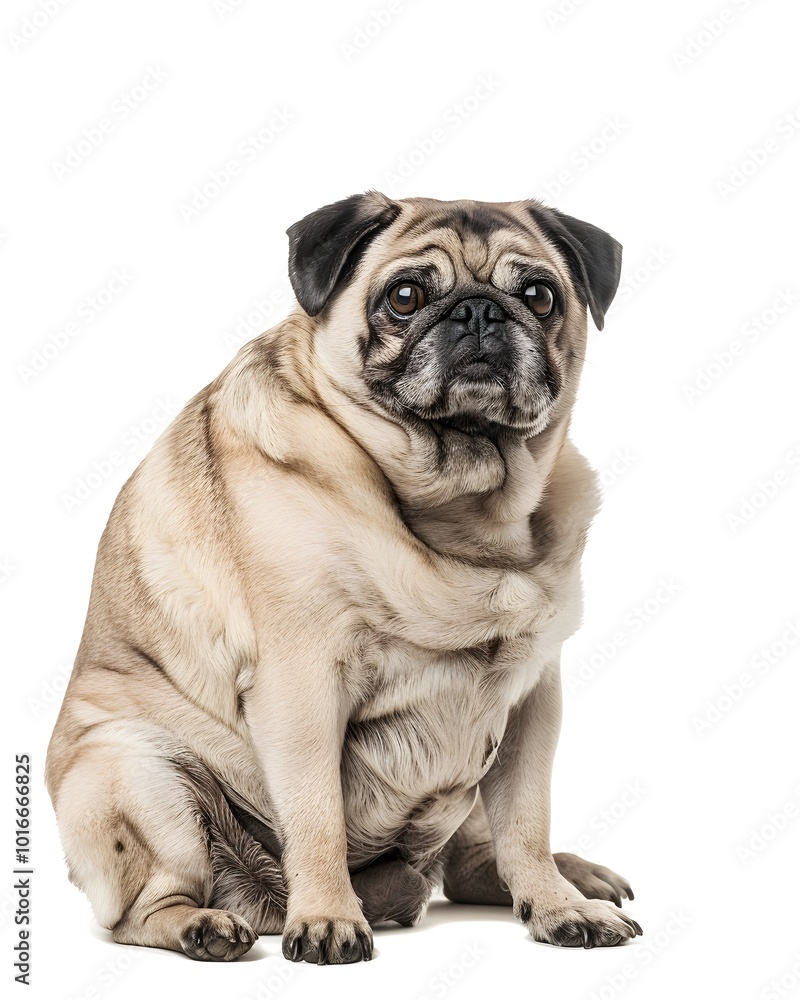 Chubby Pug Sitting Contentedly with Playful Expression on White Background Chubby Pug Sitting Contentedly with Playful Expression on White Background