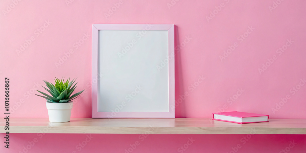Empty white mock up picture frame on wooden shelf with green plant decoration 3D Rendering, 3D Illustration Pink wall background Empty white mock up picture frame on wooden shelf with green plant decoration 3D Rendering, 3D Illustration Pink wall background