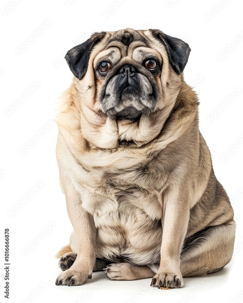 Chubby Pug Dog Sitting Contentedly on White Background with Playful Expression Chubby Pug Dog Sitting Contentedly on White Background with Playful Expression