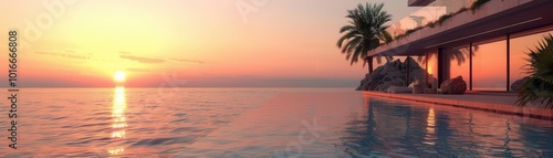 A beautiful beach with a sunset in the background