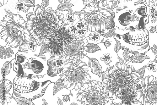 Flowers and skulls. Seamless floral pattern.Vintage Vector