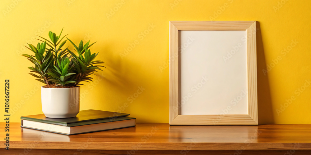 Empty white mock up picture frame on wooden shelf with green plant decoration 3D Rendering, 3D Illustration Yellow wall background Empty white mock up picture frame on wooden shelf with green plant decoration 3D Rendering, 3D Illustration Yellow wall background