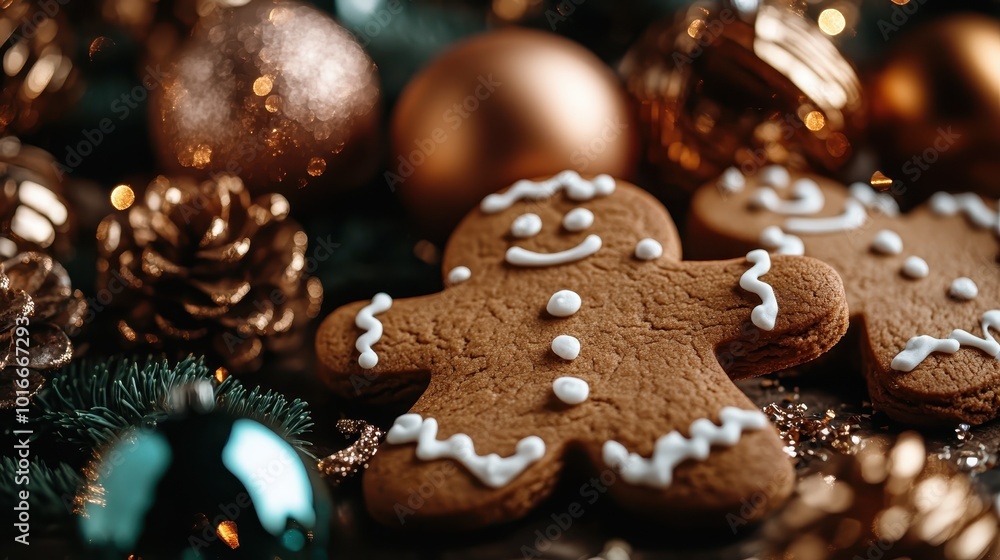 A close-up view of a gingerbread man cookie adorned with white icing, surrounded by sparkling ornaments and pine cones, exuding a festive holiday spirit. A close-up view of a gingerbread man cookie adorned with white icing, surrounded by sparkling ornaments and pine cones, exuding a festive holiday spirit.