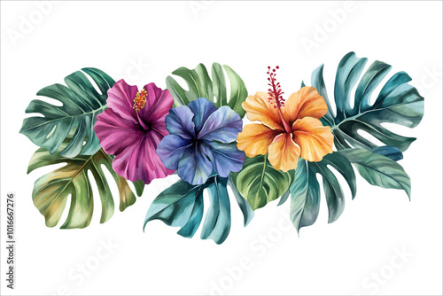 Enchanting watercolor plants with monstera hibiscus and palm fronds