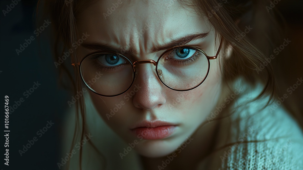 Close-up Portrait of a Woman with Blue Eyes and Round Glasses Close-up Portrait of a Woman with Blue Eyes and Round Glasses