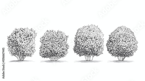 Set of vector bush illustrations on a white background. Architectural Drawings, Minimal style cad bush drawing, Side view, set of graphics bushes elements outline symbol for landscape design drawing