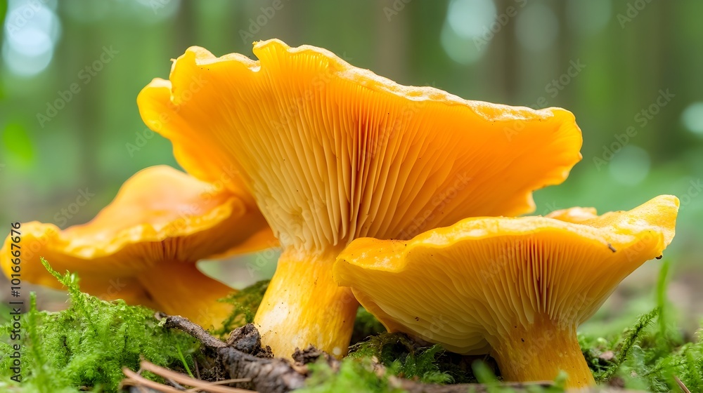 Vibrant Yellow Mushrooms Growing in Lush Forest Undergrowth Vibrant Yellow Mushrooms Growing in Lush Forest Undergrowth