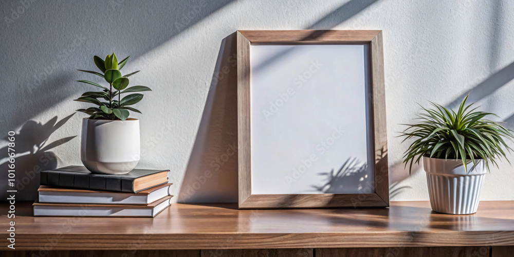 Empty white mock up picture frame on wooden shelf with green plant decoration 3D Rendering, 3D Illustration