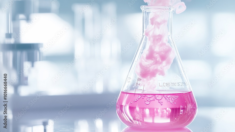 Bright pink liquid in a laboratory flask, with swirling gas creating a captivating visual effect, ideal for science and chemistry themes. Bright pink liquid in a laboratory flask, with swirling gas creating a captivating visual effect, ideal for science and chemistry themes.