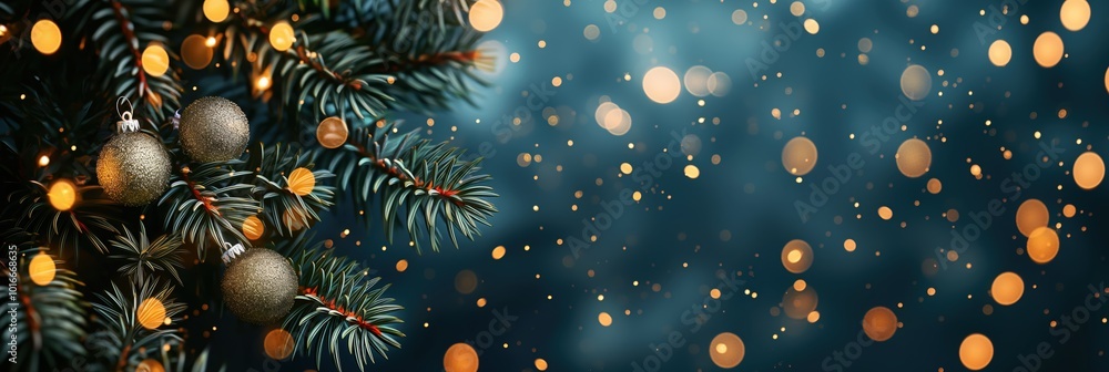 Christmas tree branch with lights and ornaments, festive background banner with bokeh effect Christmas tree branch with lights and ornaments, festive background banner with bokeh effect