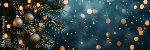 Christmas tree branch with lights and ornaments, festive background banner with bokeh effect