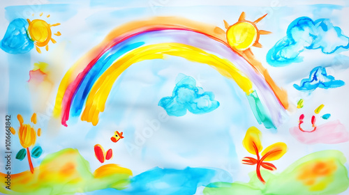Child's colorful rainbow and sunny sky drawing with watercolor
