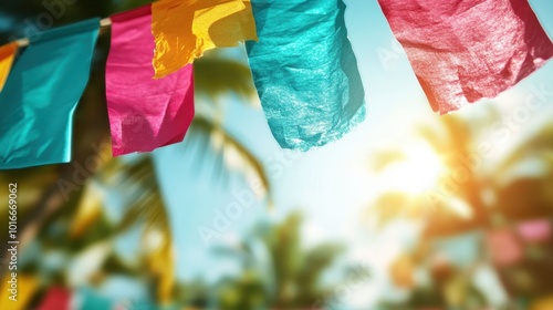 Wallpaper Mural A collection of colorful flags flutter under a bright sky, surrounded by palm trees in a tropical environment, evoking feelings of festivity and warmth. Torontodigital.ca