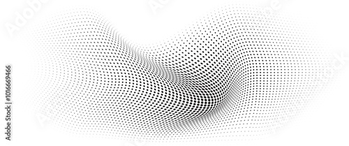 Flowing Wave Dot Halftone Pattern: Curve Gradient Shape on Transparent Background. Suitable for AI, Tech, Network, Digital, Science, and Technology Themes.