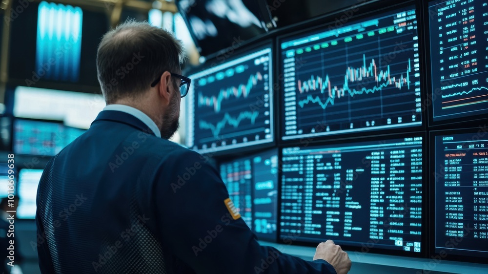 A focused trader analyzes market data on multiple screens in a modern financial office environment. A focused trader analyzes market data on multiple screens in a modern financial office environment.