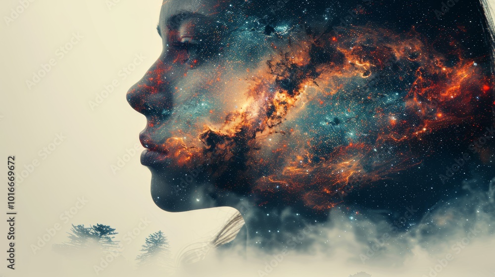 Surreal Double Exposure of a Woman's Profile Blended with a Cosmic Galaxy and Misty Forest Surreal Double Exposure of a Woman's Profile Blended with a Cosmic Galaxy and Misty Forest