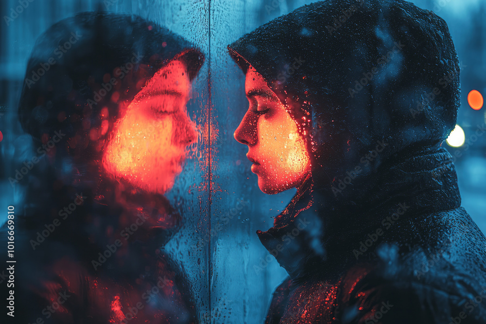 A person standing in front of a mirror, reflecting two different versions of themselves, A person standing in front of a mirror, reflecting two different versions of themselves,