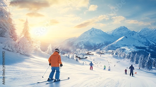 Snowy Mountain Resort Alive with Skiers During a Stunning Sunrise View