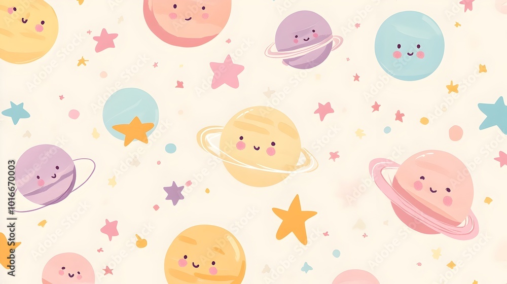 Whimsical Cosmic Kawaii Pattern in Soft Pastel Tones Whimsical Cosmic Kawaii Pattern in Soft Pastel Tones