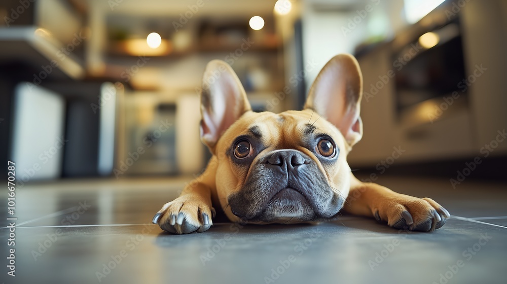 A small dog with large ears rests on a tiled floor in a warm kitchen. The sunlight pours in through the windows, creating a relaxed atmosphere A small dog with large ears rests on a tiled floor in a warm kitchen. The sunlight pours in through the windows, creating a relaxed atmosphere