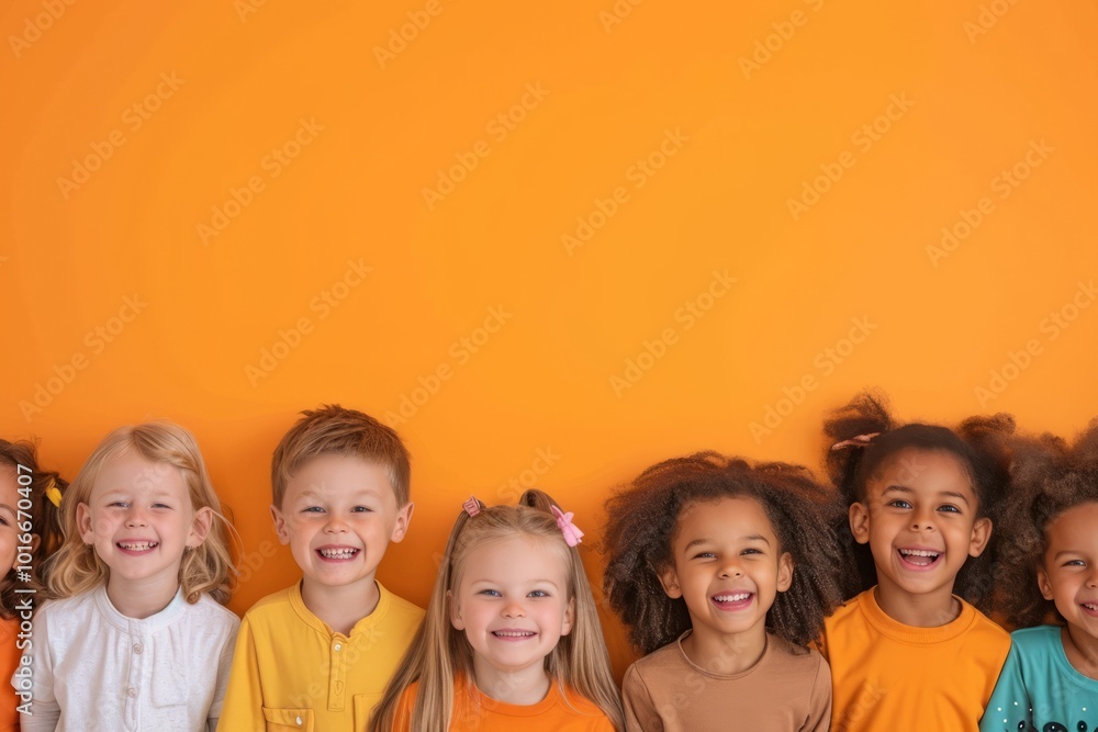 Group of happy kids looking at camera on orange background with copy space Group of happy kids looking at camera on orange background with copy space