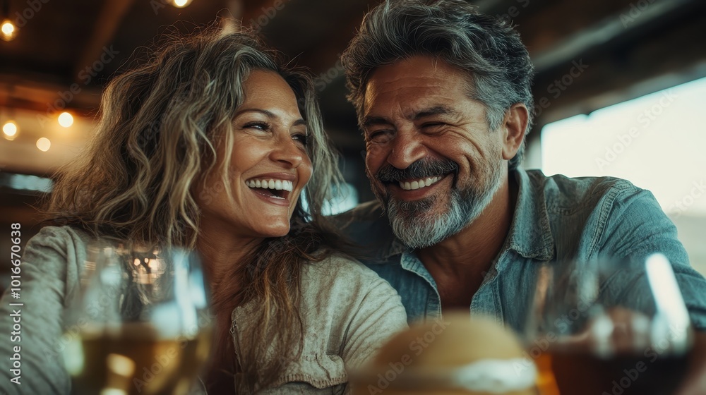 Obraz premium A joyful middle-aged couple smiling, sharing a meal with drinks in a warmly lit rustic environment, showcasing affection and happiness while dining together.