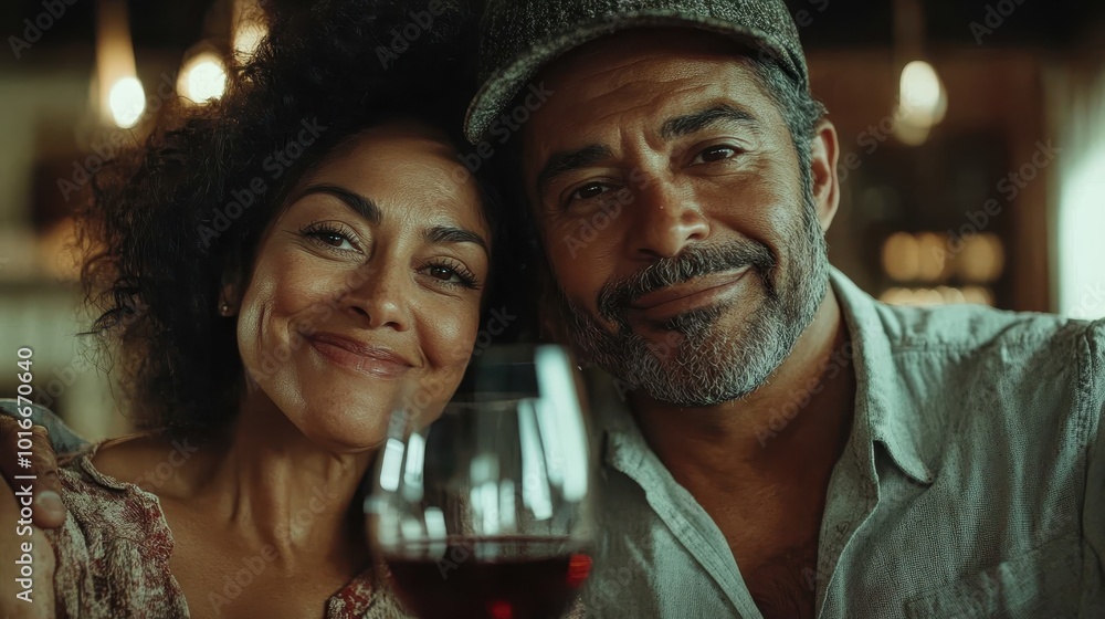 A middle-aged couple, elegantly dressed, smiles warmly while holding a glass of red wine in a dimly lit, atmospheric setting, exuding contentment and affection. A middle-aged couple, elegantly dressed, smiles warmly while holding a glass of red wine in a dimly lit, atmospheric setting, exuding contentment and affection.