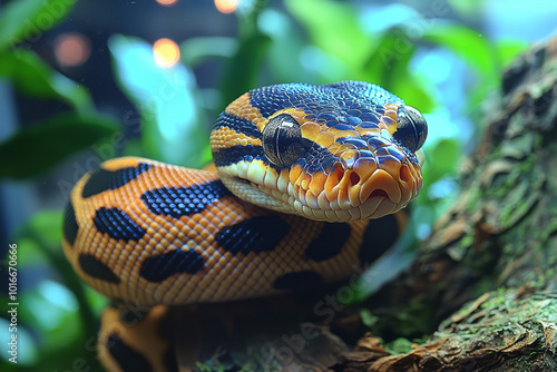 An elegant ball python coiled gracefully in its habitat,