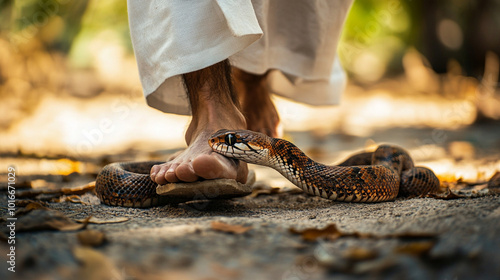 A male person wearing white robe and sandals, symbolizing Jesus Christ, stepping over the snake