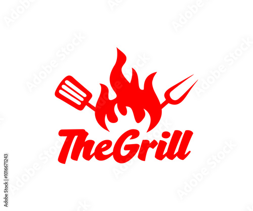 The Grill logo design. BBQ and grill tools Spatula and fork vector design and illustration.
 
