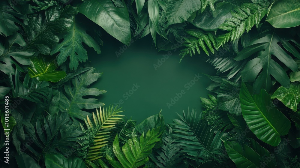 Fototapeta premium This vibrant image presents an array of lush green tropical leaves forming a dense and textured background, creating a fresh and serene natural ambiance.